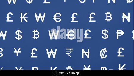 Immagine dei simboli delle valute su sfondo blu Foto Stock