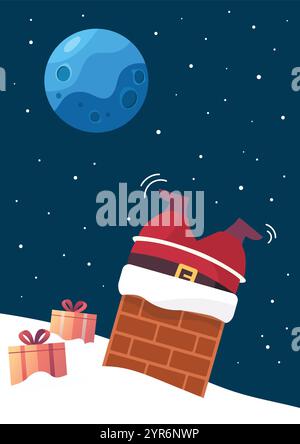 Babbo natale bloccato nel biglietto di auguri del camino. Poster dei biglietti di auguri. Illustrazione vettoriale Illustrazione Vettoriale