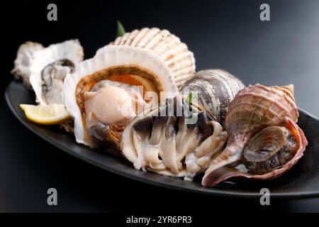 Tre tipi assortiti di sashimi: Capesante, cuccioli e vongole Sakhalin Foto Stock
