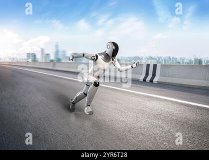 Robot di intelligenza artificiale per città intelligenti con robot di rendering 3d assistente per correre o andare avanti in città Foto Stock