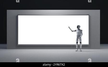 robot umanoide con rendering 3d o ai cyborg con punto del dito nero su un tabellone pubblicitario bianco a led Foto Stock
