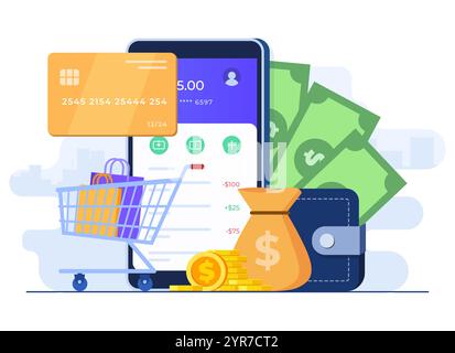 Illustrazione piatta del concetto di shopping online, gateway di pagamento digitale, app portafoglio mobile, trasferimenti di denaro online, pagamento elettronico, banking digitale, pa senza contanti Illustrazione Vettoriale