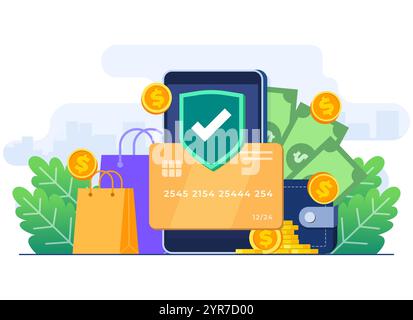 Illustrazione piatta per il mobile banking sicuro, shopping online, e-banking, portafoglio digitale, transazioni sicure Illustrazione Vettoriale