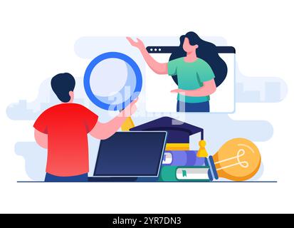 Illustrazione vettoriale per l'istruzione online, formazione remota, e-learning, corso online, webinar online, esercitazione video, apprendimento a distanza Illustrazione Vettoriale