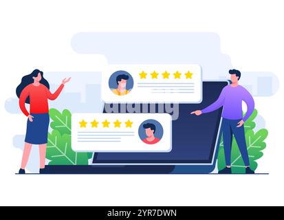 I clienti soddisfatti danno valutazioni elevate a prodotto, servizio, app o sito Web, feedback, valutazione della revisione del cliente, sondaggio sul livello di soddisfazione con Illustrazione Vettoriale