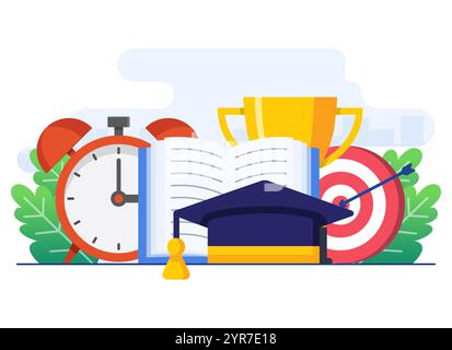 Modello vettoriale di illustrazione piatta per il concetto di laurea e istruzione per landing page, banner Web, infografica, ui, app mobili, social media Illustrazione Vettoriale