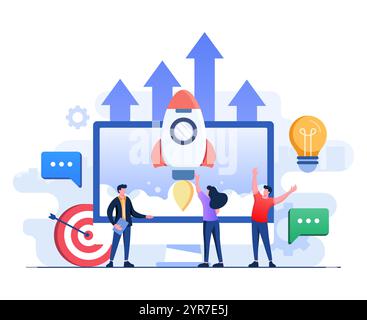 Gli imprenditori lanciano un progetto aziendale di startup, strategia aziendale di successo, sviluppo aziendale, imprenditorialità, prodotto innovazione, ide creativo Illustrazione Vettoriale