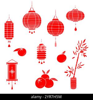 Set da festa cinese. Semplici icone di sagoma art con linee a doodle. Illustrazione Vettoriale