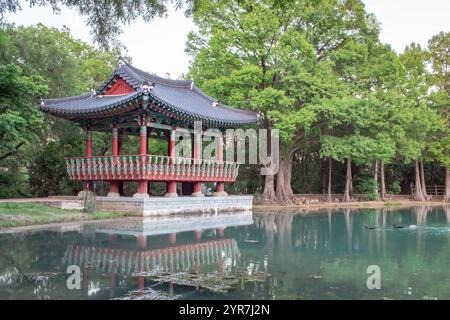 Padiglione pagoda rosso in stile coreano con riflessi lungo un lago verde smeraldo. Foto scattata al Denman Estate Park di San Antonio Foto Stock