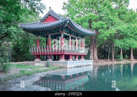 Padiglione pagoda rosso in stile coreano con riflessi lungo un lago verde smeraldo. Foto scattata al Denman Estate Park di San Antonio Foto Stock