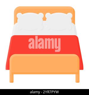 Letto in legno con due cuscini bianchi Vector. Letto con coperta rossa. Letto comodo. Illustrazione Vettoriale