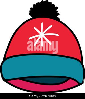 Disegno di un caldo cappello invernale con pompon. Stile doodle. Illustrazione vettoriale disegnata a mano su sfondo bianco con contorno nero. Vestiti accoglienti. Illustrazione Vettoriale