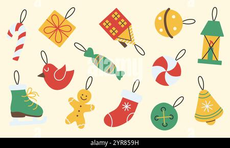 Set di colorate decorazioni natalizie in stile piatto, tra cui canne di caramelle, regali, campane e ornamenti natalizi su sfondo chiaro. Illustrazione Vettoriale
