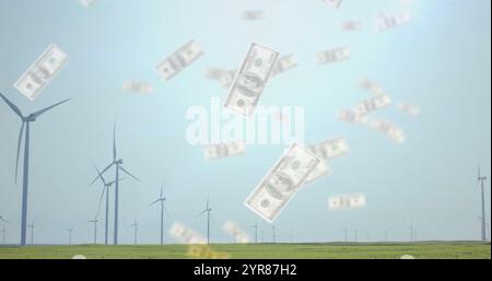 Immagine delle banconote in calo rispetto alle turbine eoliche in campo verde Foto Stock