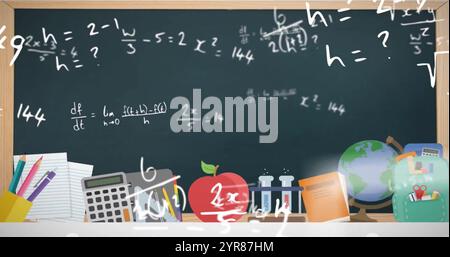 Immagine delle icone degli elementi scolastici sopra le equazioni matematiche Foto Stock