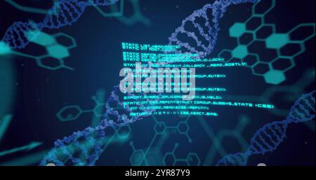 Immagine di elementi ed elaborazione dei dati su filamenti di dna su sfondo scuro Foto Stock