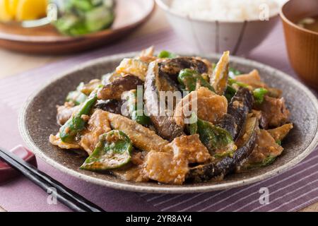 Melanzane fritte al wok e maiale con miso Foto Stock