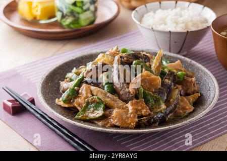 Melanzane fritte al wok e maiale con miso Foto Stock