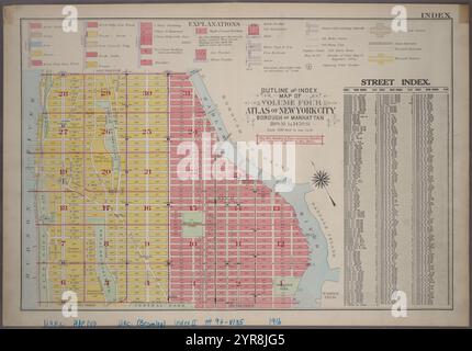 Schema e indice Mappa del volume quattro, Atlas of New York City, Borough of Manhattan, 110th St. To 145th St. 1914 by Bromley, George Washington Foto Stock