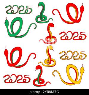 2025 anno del set di serpenti. Illustrazione di Capodanno lunare, serpente in diversi movimenti e colori su sfondo bianco. Illustrazione Vettoriale