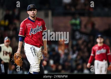 HERMOSILLO, MEXICO - NOVEMBER 29: Manuel Chavez, starting pitcher for the Mexicali Eagles, reacts in the third inning , during a Liga Arco Mexicana del Pacifico game between Aguilas and Naranjeros at Estadio Fernando Valenzuela on November 29, 2024 in Hermosillo, Mexico. (Photo by Luis Gutierrez/Norte Photo) Stock Photo