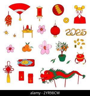 Set icone Capodanno serpente cinese. Simboli tradizionali del capodanno lunare. Buste rosse, drago, fiori di prugna, firecrackers, gnocchi, tangerine e molto altro ancora. Illustrazione Vettoriale