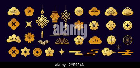 Oro cinese, elementi colorati astratti asiatici, fiori, monete fortunate, lanterne cinesi, sfondo per il Capodanno cinese, Festival di metà autunno e altro ancora Illustrazione Vettoriale