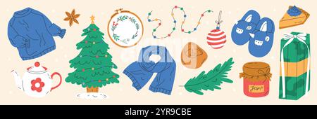 Accogliente set di appartamenti disegnati a mano per Natale e Capodanno Illustrazione Vettoriale