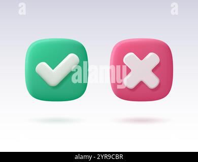 Segno di spunta verde e croce rossa isolata su sfondo chiaro. Illustrazione vettoriale 3D. Illustrazione Vettoriale