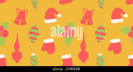 Un motivo caldo e bello senza cuciture con giocattoli natalizi a doodle. Decorazioni di Capodanno alla moda sullo sfondo Illustrazione Vettoriale