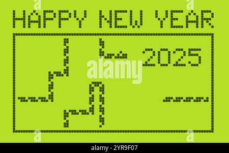 Poster rétro del felice anno nuovo 2025. Gioco dei serpenti pixel sullo schermo verde Illustrazione Vettoriale