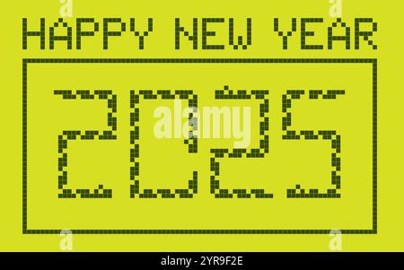 Poster rétro del felice anno nuovo 2025. Gioco dei serpenti pixel sullo schermo verde Illustrazione Vettoriale