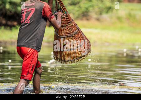 Pescatore che cattura pesce con un cesto nel fiume. Kalabo, Zambia, Africa Foto Stock