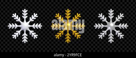 fiocco di neve 3d. Set di fiocchi di neve realistici, colore bianco, oro e argento. Illustrazione Vettoriale
