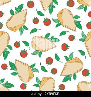 Triangoli di formaggio, pomodori e basilico senza cuciture. Sottofondo di spesa con formaggi duri, verdure ed erbe aromatiche. Stampa disegnata a mano con prodotti caseari Illustrazione Vettoriale