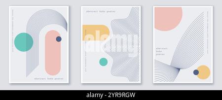 Set di poster boho astratti. Ripetizioni da semplici figure geometriche. Creatività e arte minimalista. Modello per opuscoli e opuscoli. Vettore piatto Illustrazione Vettoriale