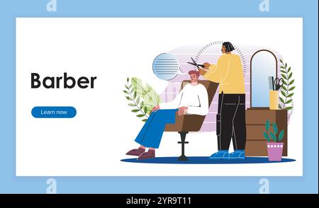 Pagina di destinazione del barbiere. Il parrucchiere taglia i capelli dei clienti. Bellezza e moda. Taglio di capelli elegante. Visitatore nel barbiere. Estetica ed eleganza. Piatto Illustrazione Vettoriale