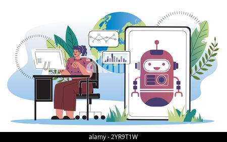 La donna lavora con l'intelligenza artificiale. Ragazza con bot che lavora a un progetto aziendale. Assistente virtuale e assistente. INTELLIGENZA ARTIFICIALE e apprendimento automatico. Vettore piatto Illustrazione Vettoriale