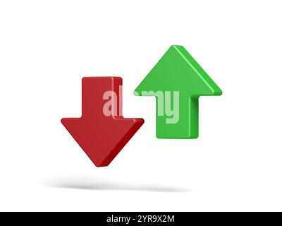 Frecce su e giù isolate su sfondo bianco. Verde e rosso. illustrazione 3d. Foto Stock