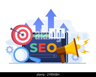 Concetto di ottimizzazione del motore di ricerca modello vettoriale per illustrazione piatta, SEO, pagina della schermata di ricerca con lente di ingrandimento Illustrazione Vettoriale