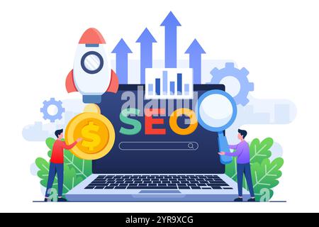 Concetto di ottimizzazione del motore di ricerca modello vettoriale per illustrazione piatta, crescita SEO, finestra di ricerca browser sullo schermo del notebook con una lente di ingrandimento Illustrazione Vettoriale