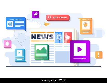 Modello vettoriale per illustrazioni piatte per giornali cartacei, sistema di stampa più recente Illustrazione Vettoriale