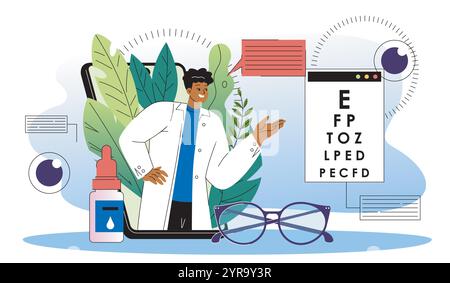 Concetto di oftalmologo online. Uomo in uniforme medica con test di visione. Occulist con collirio e occhiali. Sanità e medicina, diagnosi e. Illustrazione Vettoriale
