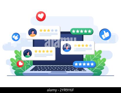 I clienti soddisfatti danno valutazioni elevate a prodotto, servizio, app o sito Web, feedback, valutazione della revisione del cliente, sondaggio sul livello di soddisfazione con Illustrazione Vettoriale