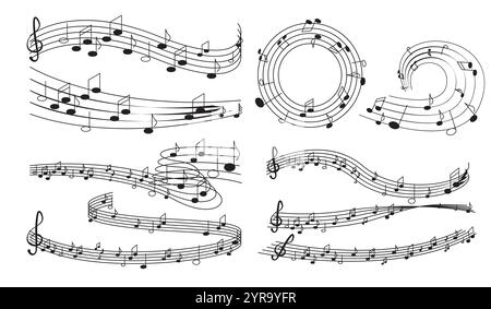 Set di onde note musicali. Banconote da metà, quarto, ottava e tripletta. Melodie musicali e canzoni. Confezione di motivi e ornamenti. Raccolta vettoriale piatta Illustrazione Vettoriale