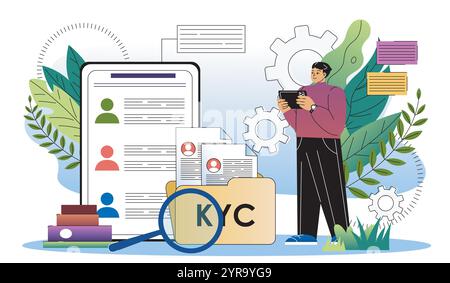 Conosci il tuo cliente. Uomo con sistema KYC. Identità dell'azienda. Analista che conduce ricerche di marketing. Imprenditore e investitore. Illustrazione vettoriale piatta Illustrazione Vettoriale