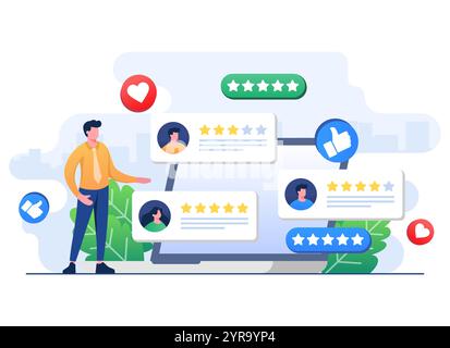 I clienti soddisfatti danno valutazioni elevate a prodotto, servizio, app o sito Web, feedback, valutazione della revisione del cliente, sondaggio sul livello di soddisfazione con Illustrazione Vettoriale