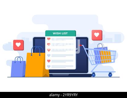 Modello vettoriale con illustrazione piatta del concetto della lista dei desideri dello shopping, elenco dei desideri dei prodotti online, elenco dei regali e della spesa Illustrazione Vettoriale