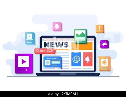 Notizie online applicazione mobile modello vettoriale di illustrazione piatta, articolo notizie online, pagina Web notizie, mass media online sullo schermo del laptop, notizie Internet Illustrazione Vettoriale
