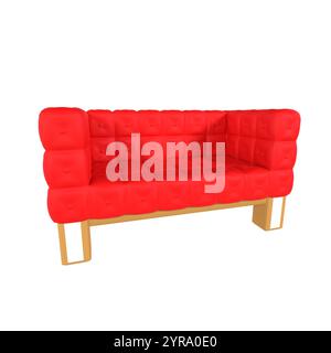 Un elegante divano rosso con un design a forma di tufted e gambe in legno visualizzate in rendering 3D. Foto Stock